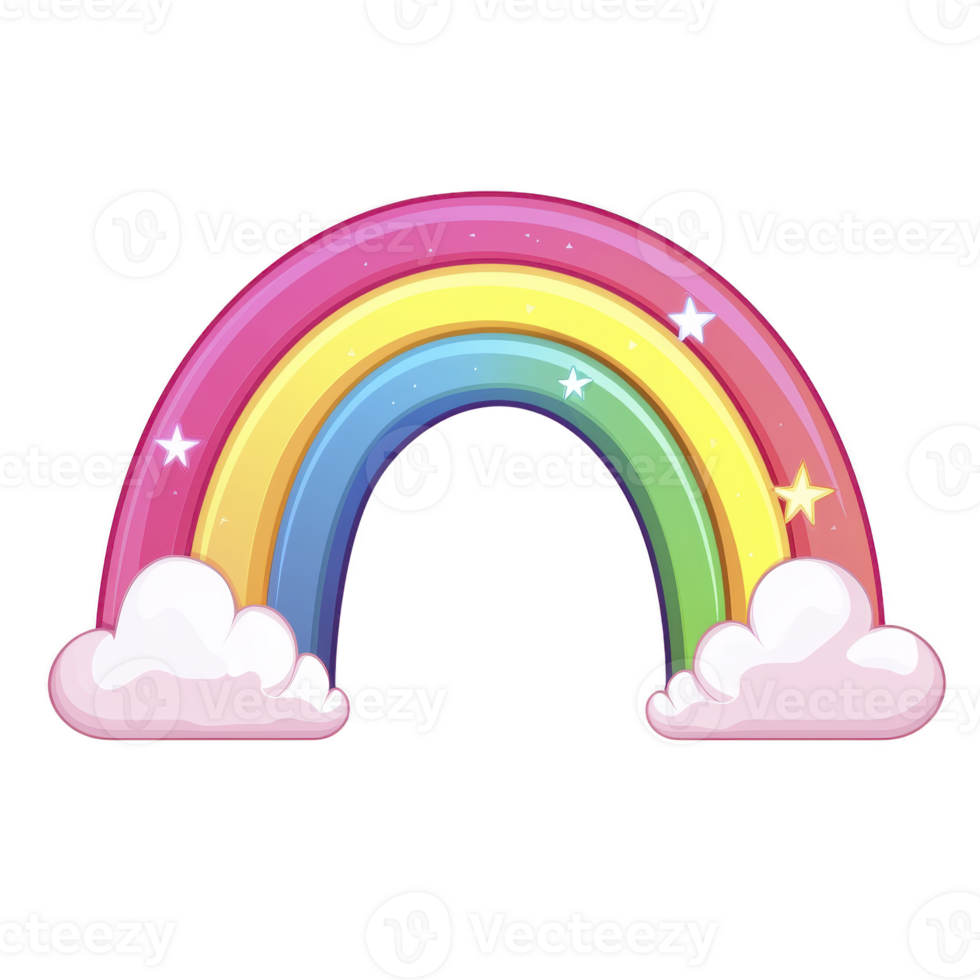 colorful cartoon rainbow arches over fluffy white clouds, with twinkling stars adding magical touch. vibrant colors create cheerful and whimsical atmosphere png