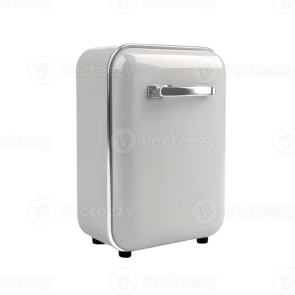 sleek, retro style white mini fridge with chrome handle, perfect for compact spaces and adding vintage touch to any room. Its minimalist design is both functional and stylish png