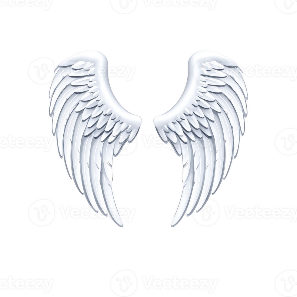 pair of white angel wings with detailed feathers, symbolizing purity and freedom, set against transparent background. wings are symmetrical and elegantly curved png