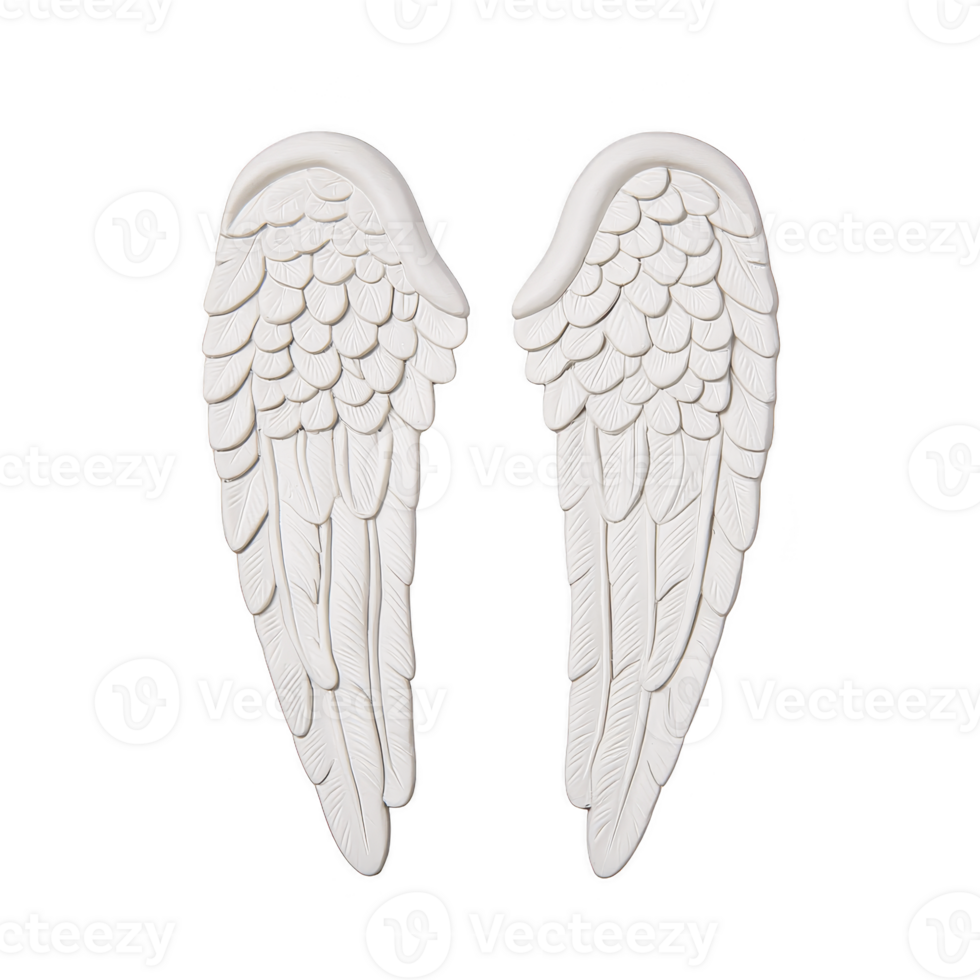 Elegant white angel wings with detailed feather patterns, symbolizing purity and grace, isolated on clean background. Perfect for spiritual or decorative themes png