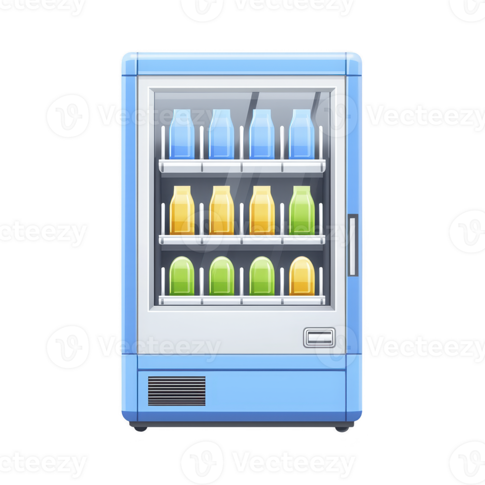 blue vending machine filled with colorful bottles of drinks, including orange, green, and blue, is displayed. machine has glass front and multiple shelves png