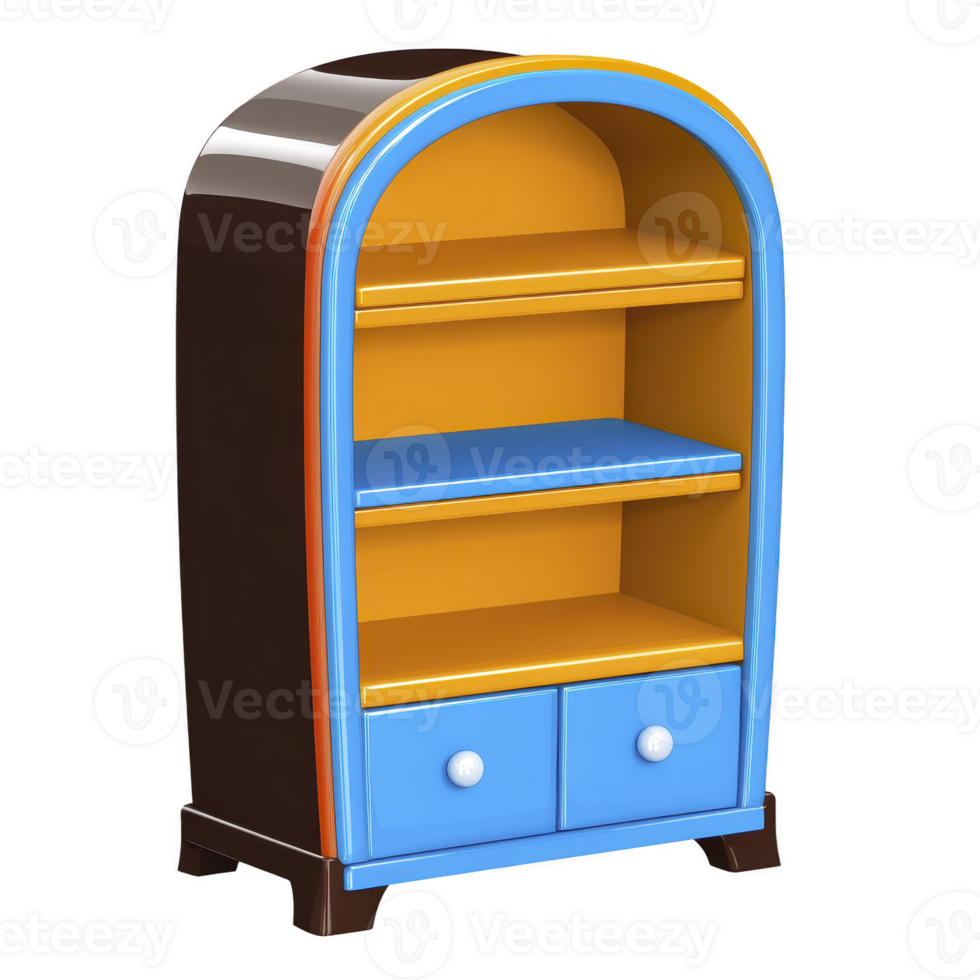 colorful, retro style bookshelf with curved top features three shelves and two drawers, combining vibrant blue, orange, and black colors. Its playful design adds cheerful touch to any room png