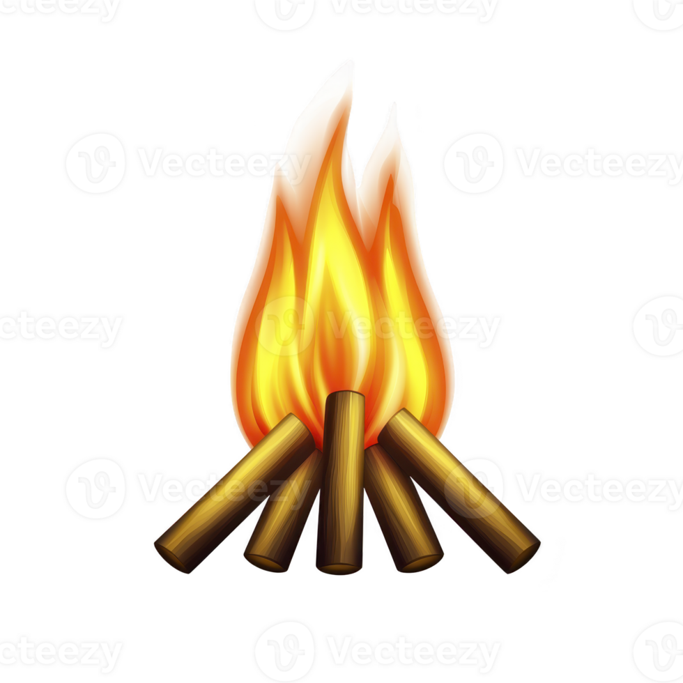 vibrant illustration of campfire with bright orange and yellow flames rising from neatly arranged wooden logs, evoking warmth and adventure png