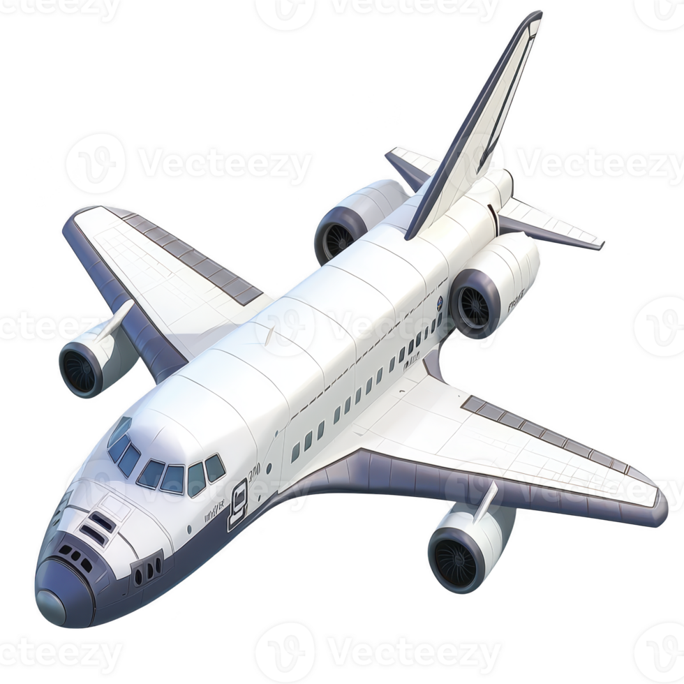 sleek, white airplane with four engines and streamlined design, showcasing modern aviation technology. aircraft is depicted in dynamic angle, emphasizing its aerodynamic shape png