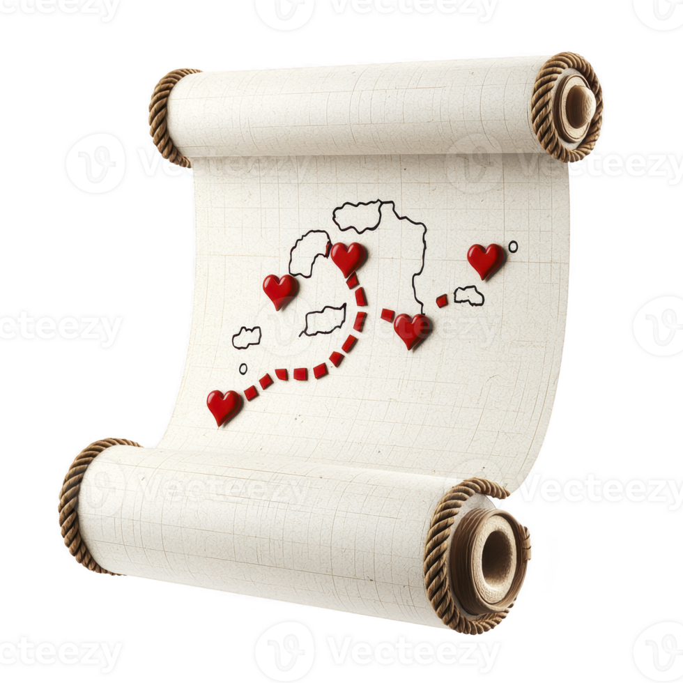 rolled parchment map with dotted path and red hearts marks whimsical journey. map vintage style and playful design evoke sense of adventure and romance png