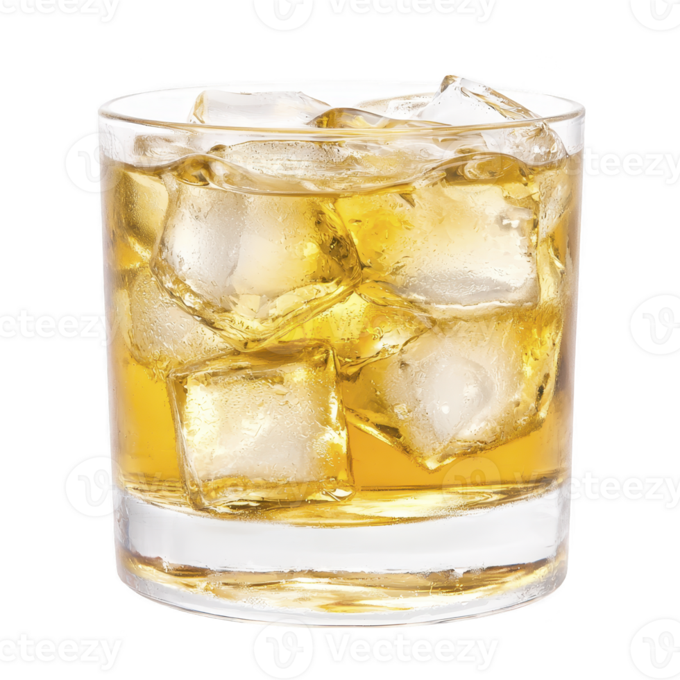 glass of whiskey on rocks with large ice cubes, creating refreshing and classic drink presentation. amber liquid contrasts with clear ice, enhancing its appeal png