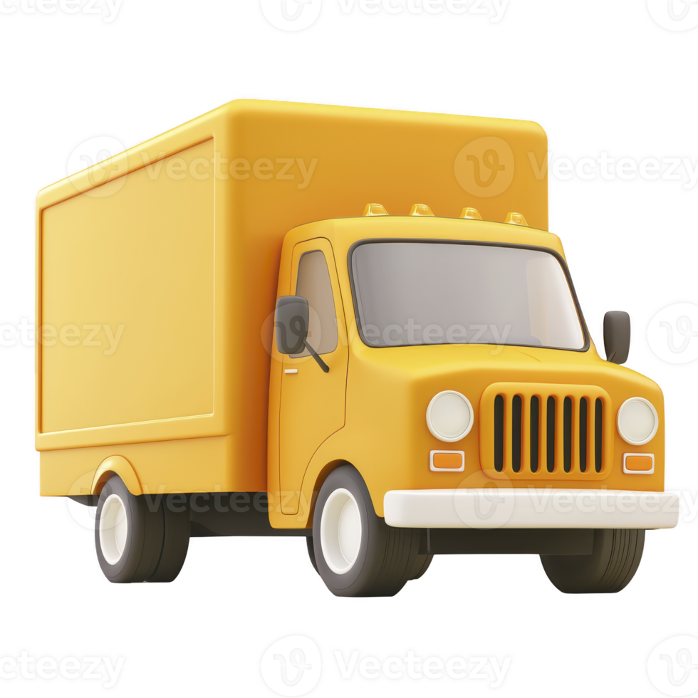 3D illustration of yellow delivery truck with boxy design and rounded edges, conveying playful and cheerful vibe. truck is depicted in simplistic and cartoonish style png