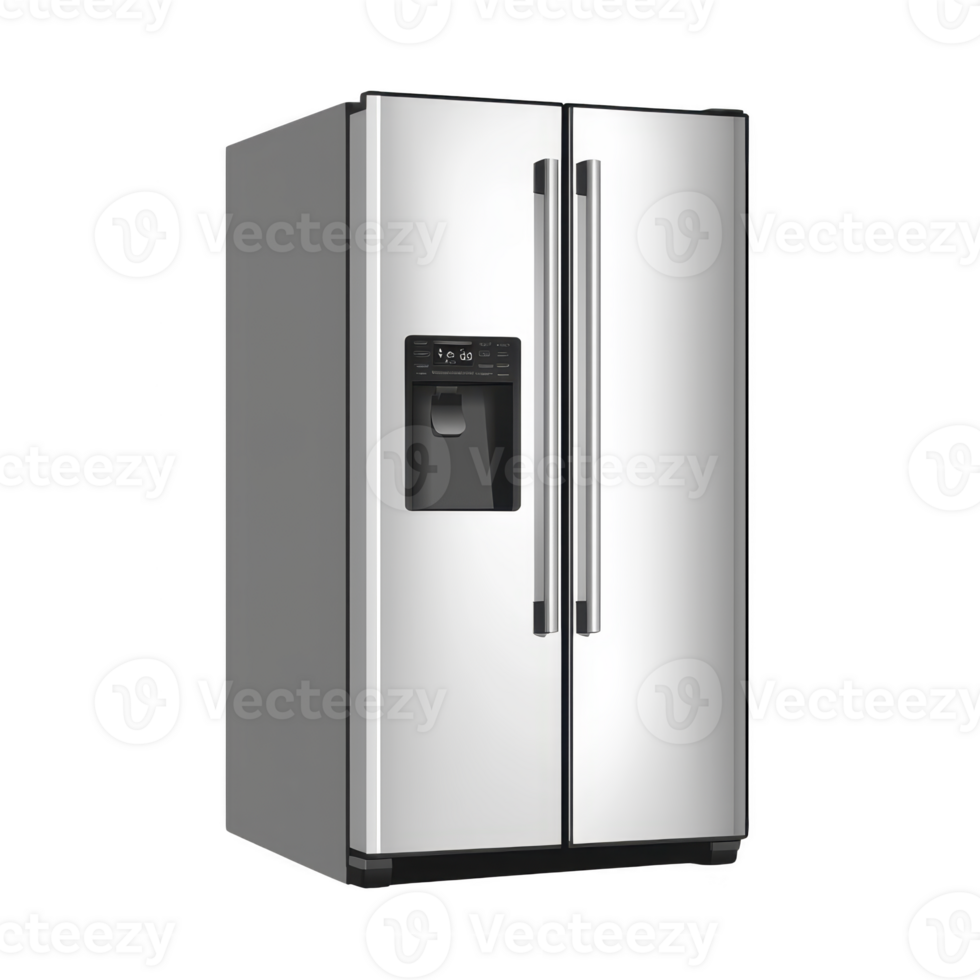 modern stainless steel refrigerator with sleek design features side by side door configuration and integrated water and ice dispenser on left door png