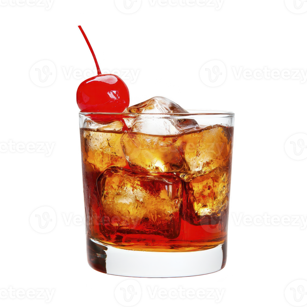 glass of whiskey on rocks with cherry garnish, showcasing refreshing and classic cocktail. ice cubes glisten, enhancing drink rich amber color png