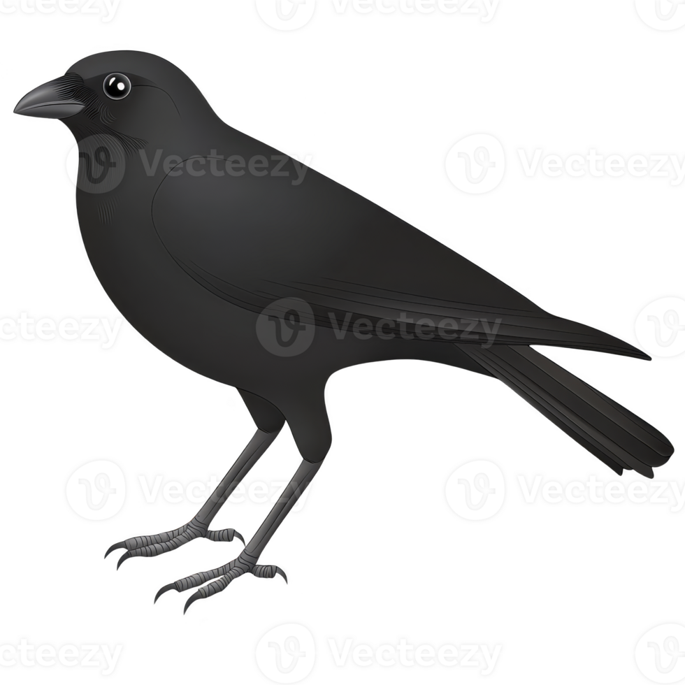 detailed illustration of black crow standing with curious expression, showcasing its glossy feathers and sharp beak. crow eyes are large and expressive, adding touch of personality png