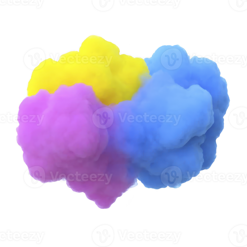 vibrant cloud of colorful smoke blends yellow, pink, and blue hues, creating dynamic and artistic visual effect. soft, fluffy texture adds sense of movement and creativity png