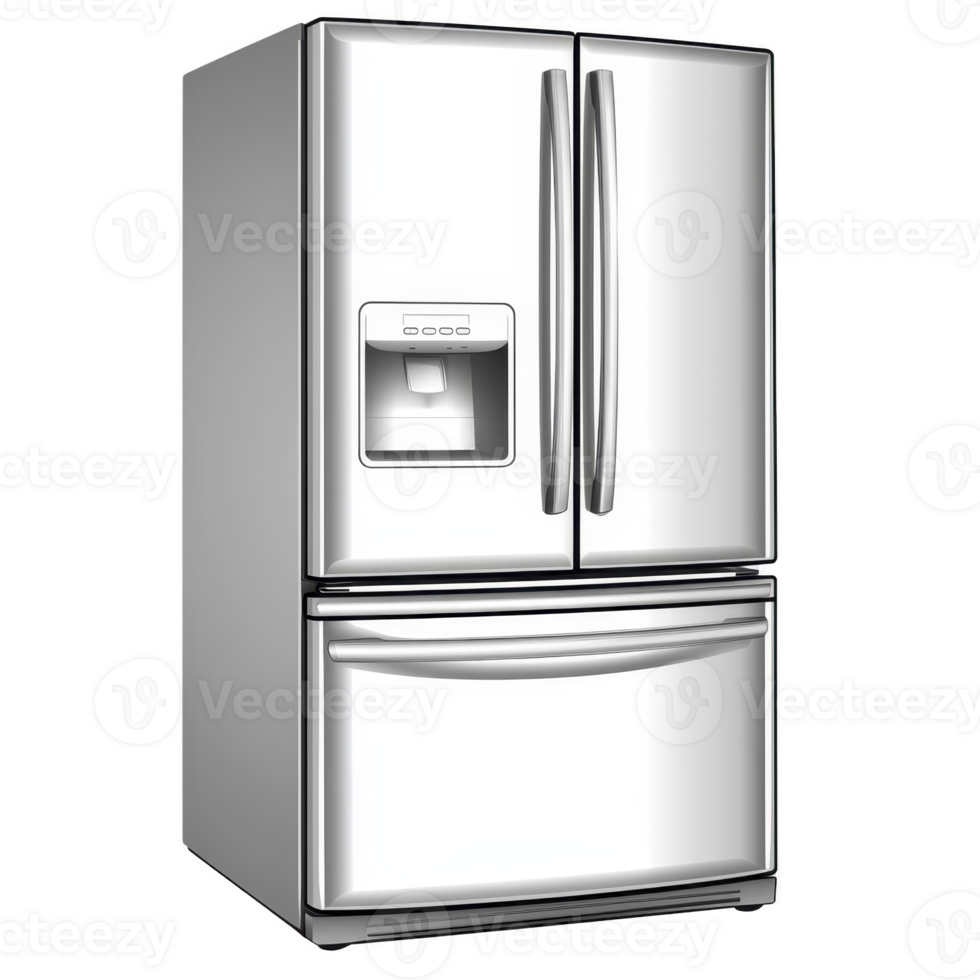 modern stainless steel refrigerator with sleek design features double doors and bottom freezer drawer. appliance includes built in water and ice dispenser for convenience png