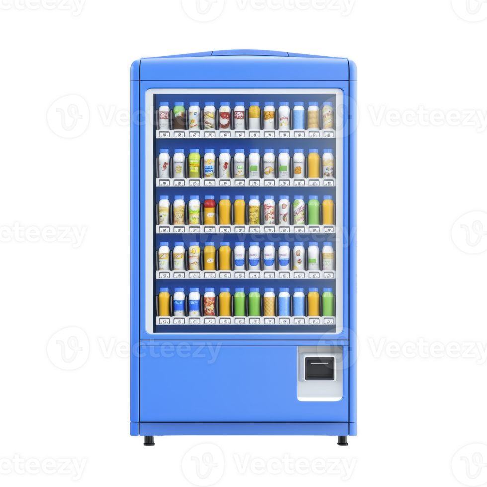 blue vending machine filled with various colorful beverage bottles is displayed, offering wide selection of drinks. machine is modern and sleek, with transparent front showcasing neatly arranged png