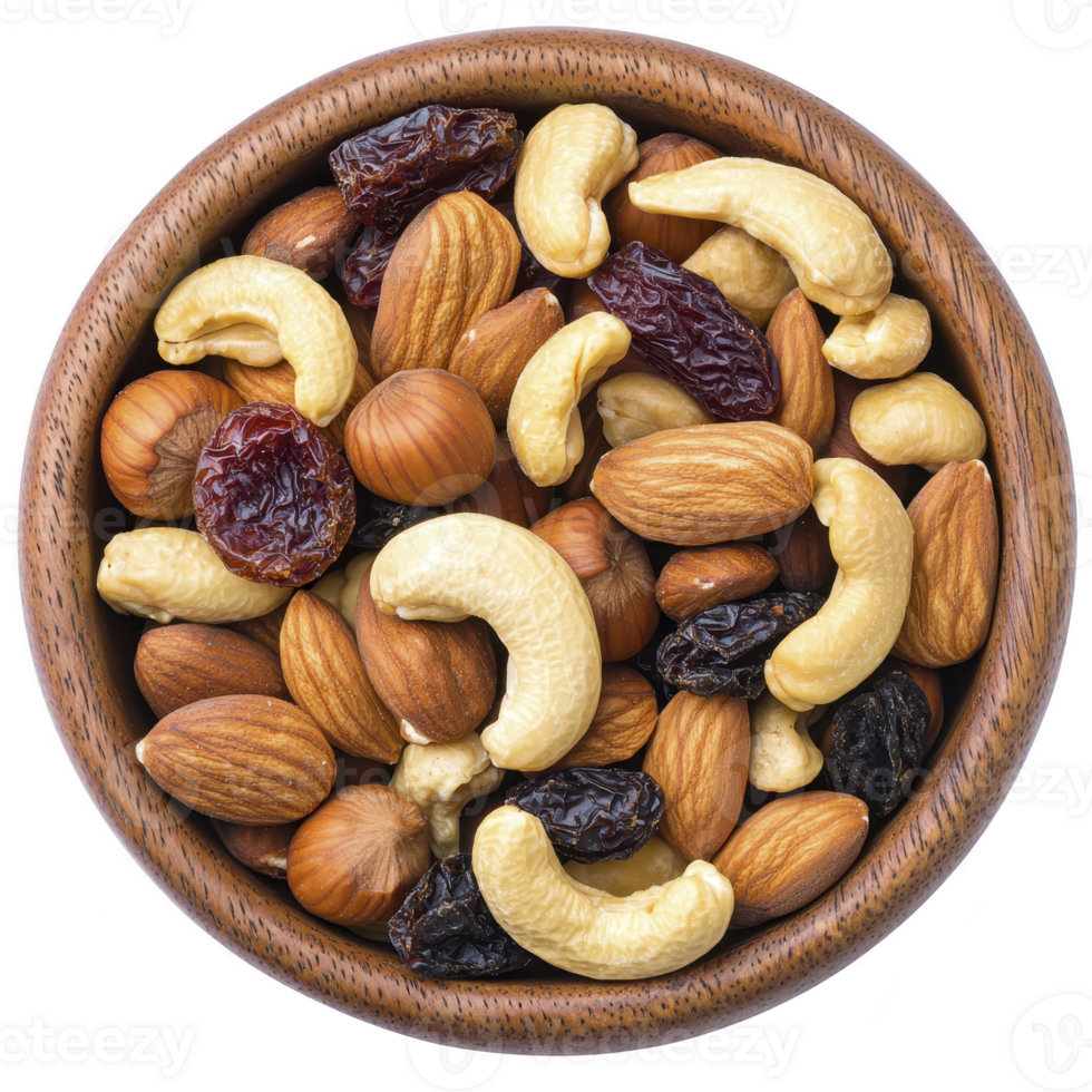 wooden bowl filled with variety of mixed nuts and dried fruits, including cashews, almonds, hazelnuts, and raisins, offering healthy and nutritious snack option png