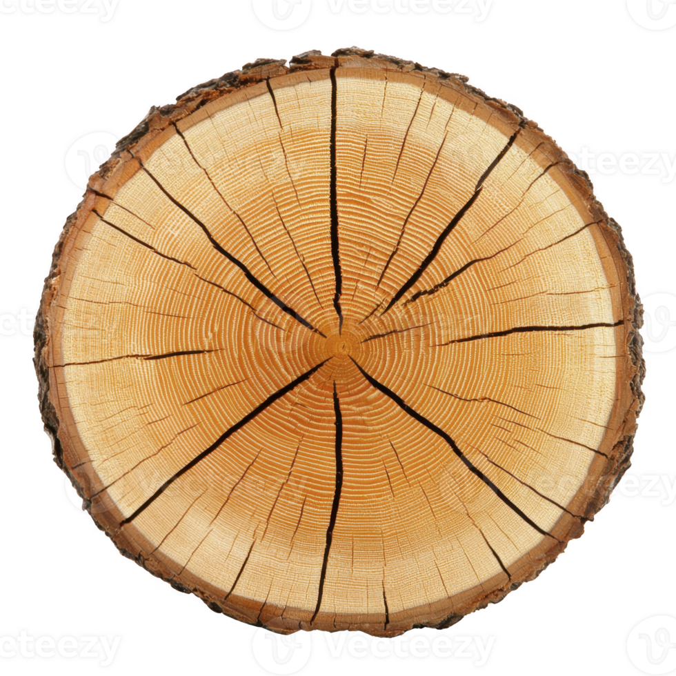 cross section of tree trunk reveals growth rings and natural cracks, showcasing texture and age of wood. circular pattern is highlighted by contrast between light and dark rings png