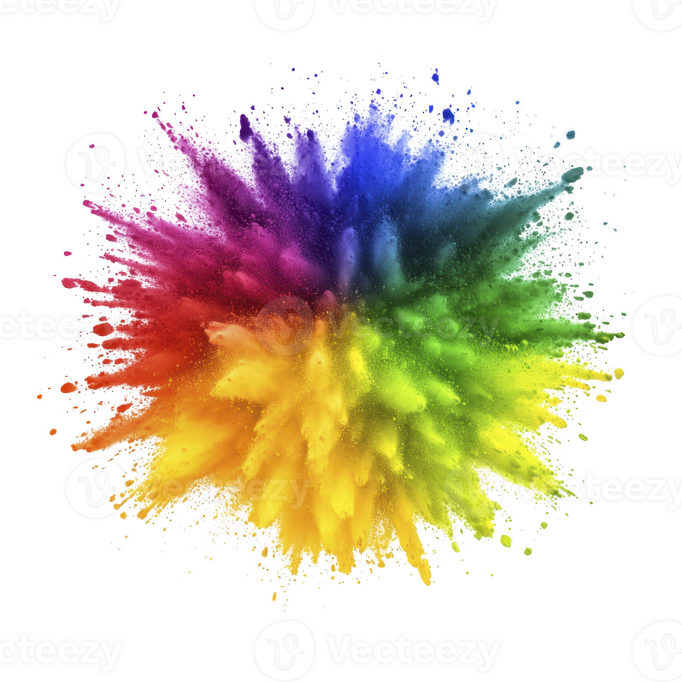 vibrant explosion of colorful powder creates dynamic burst of rainbow hues against transparency background, showcasing energy and creativity png