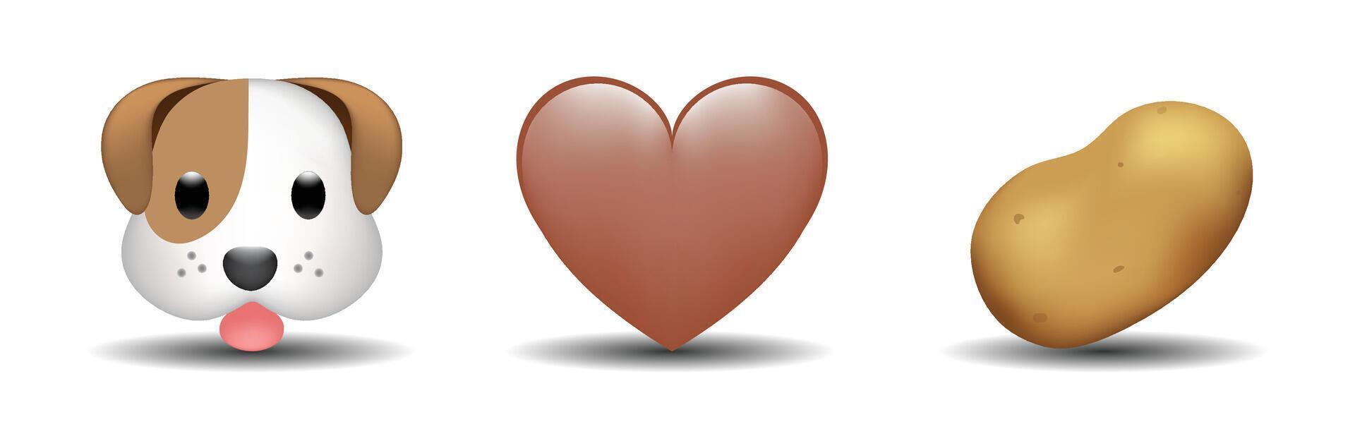 3 emoticons isolated on white background. Brown color heart, dog, potato emoji illustration. 3d illustration set. vector