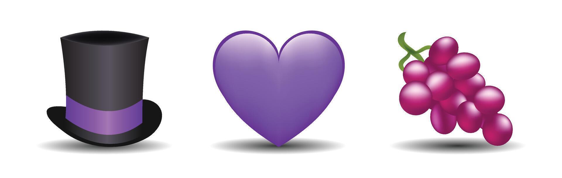 3 emoticons isolated on white background. Violet color heart, magic hat, grape emoji illustration. 3d illustration set. vector