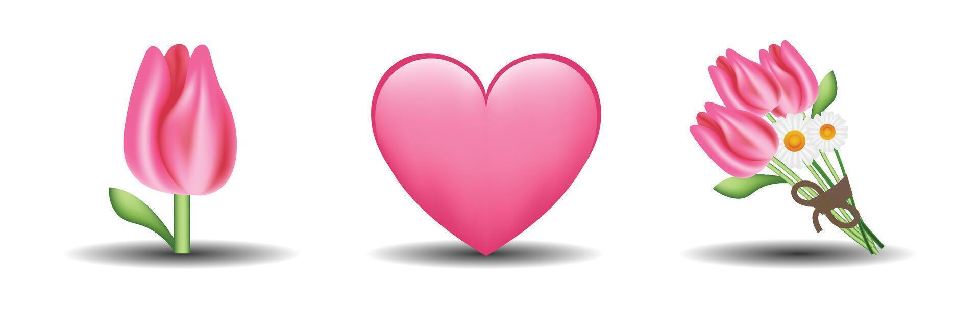 3 emoticons isolated on white background. Pink color heart, tulip, tulip bouquet emoji illustration. 3d illustration set. vector