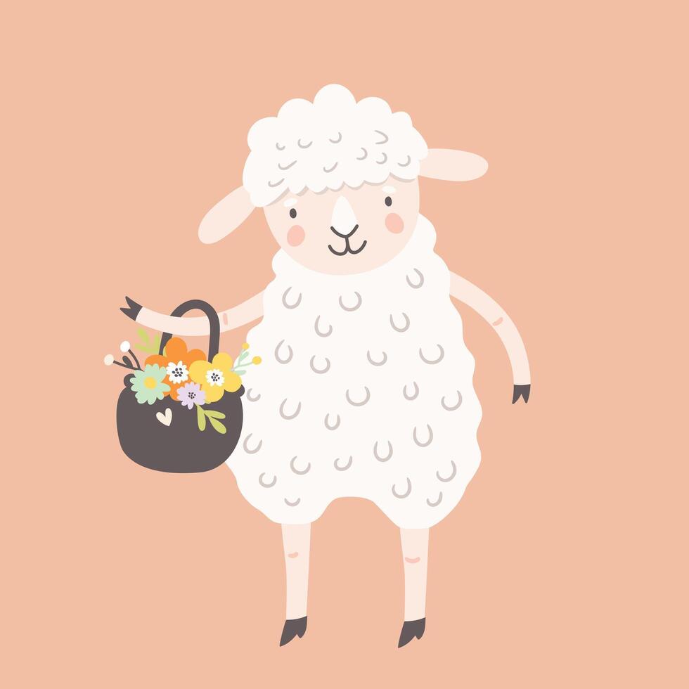 Cartoon sheep with a basket of spring flowers, flat style illustration vector