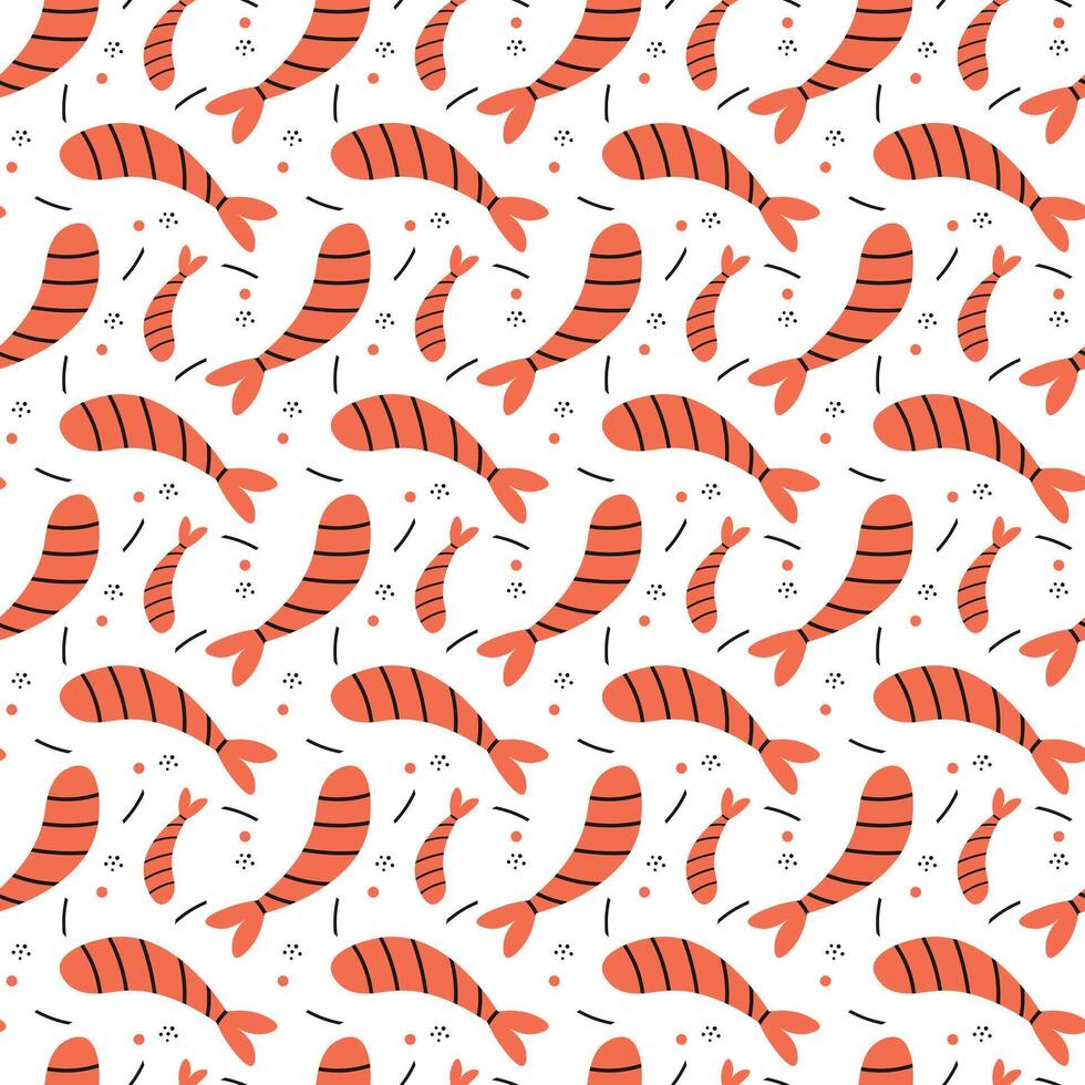 Seamless shrimp pattern. Seafood cartoon print. Fresh marine shrimps. Flat ocean prawn food. vector