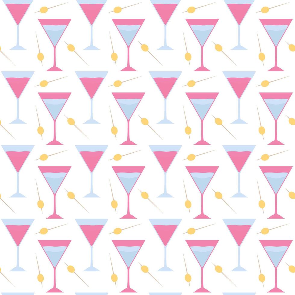 Pink martini drink glass with olive garnish. Seamless martini cocktail pattern for party. vector