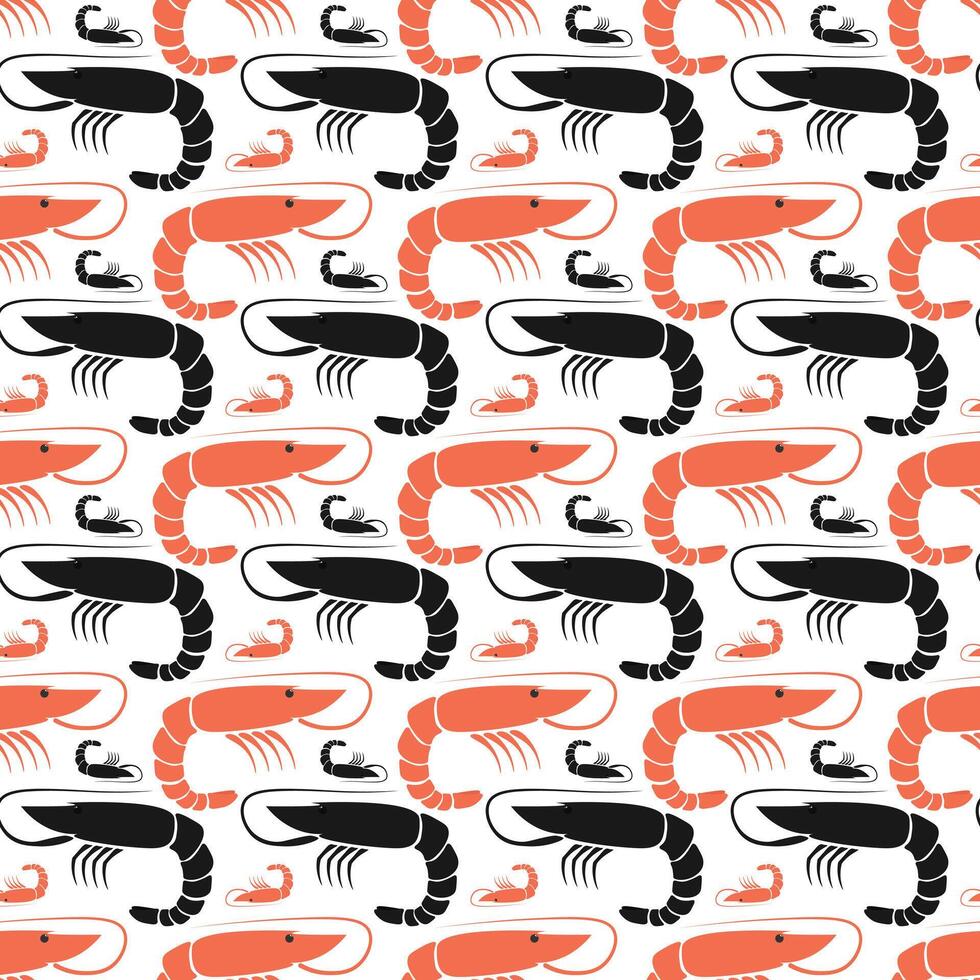 Seafood print. Fresh marine shrimp. Flat ocean prawn food. Seamless shrimps pattern. vector