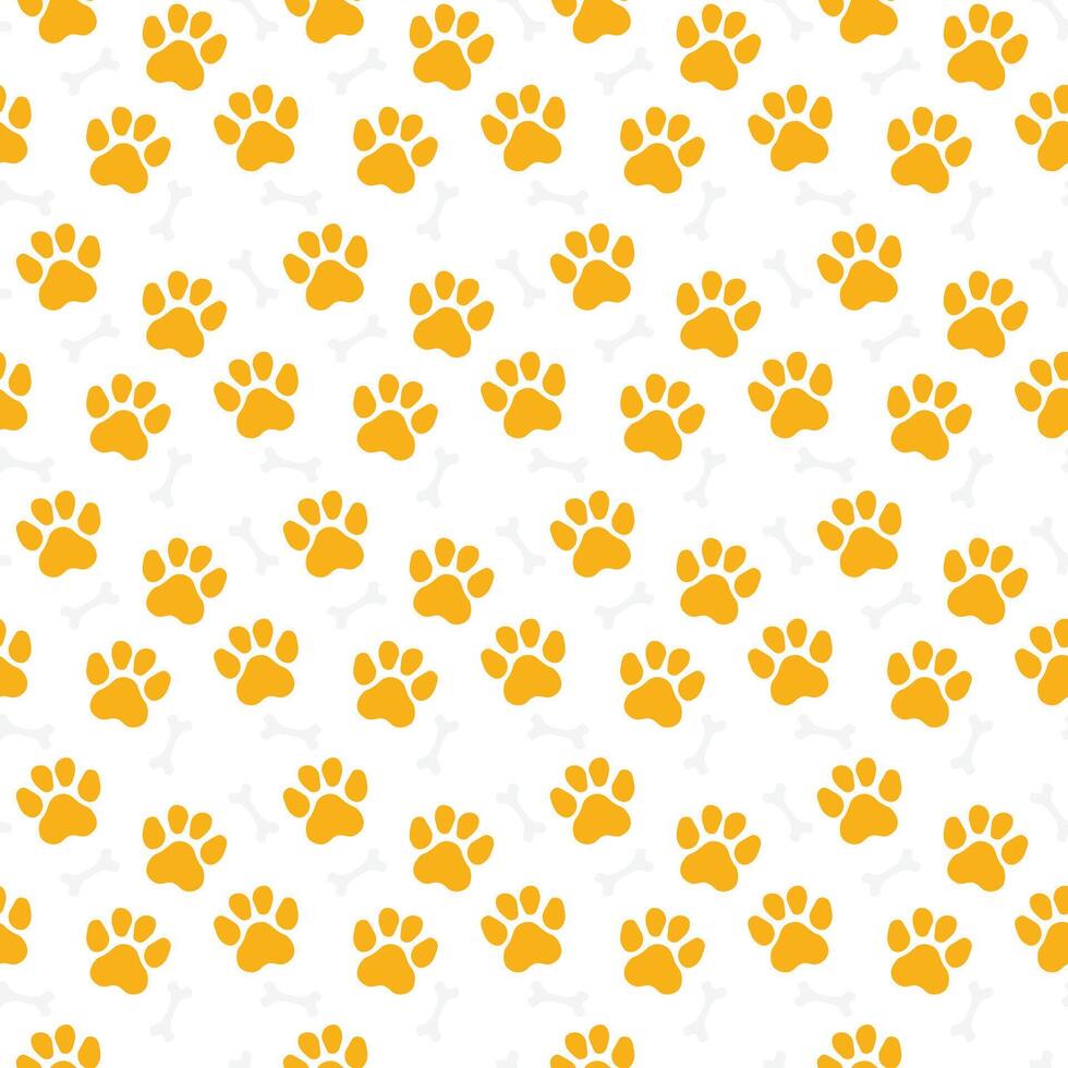 Seamless paw pattern with dog or cat footprint. Yellow animal pet pawprint background vector