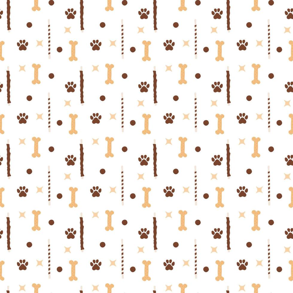 Seamless paw and bone pattern with dog treats. Pet background snack texture. Pet snacks vector