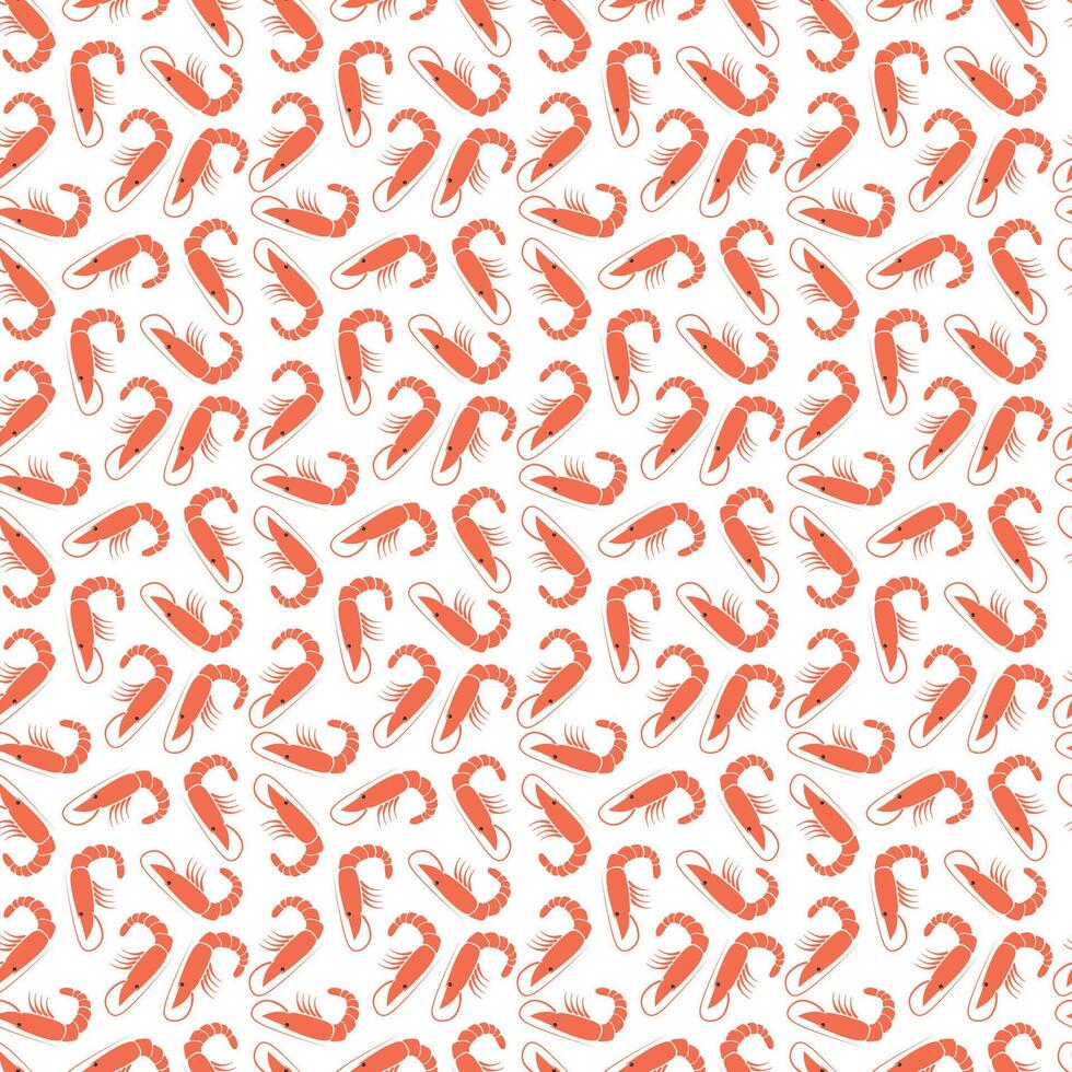 Seamless shrimp pattern. Seafood print. Flat ocean prawn food. Fresh marine shrimps. vector