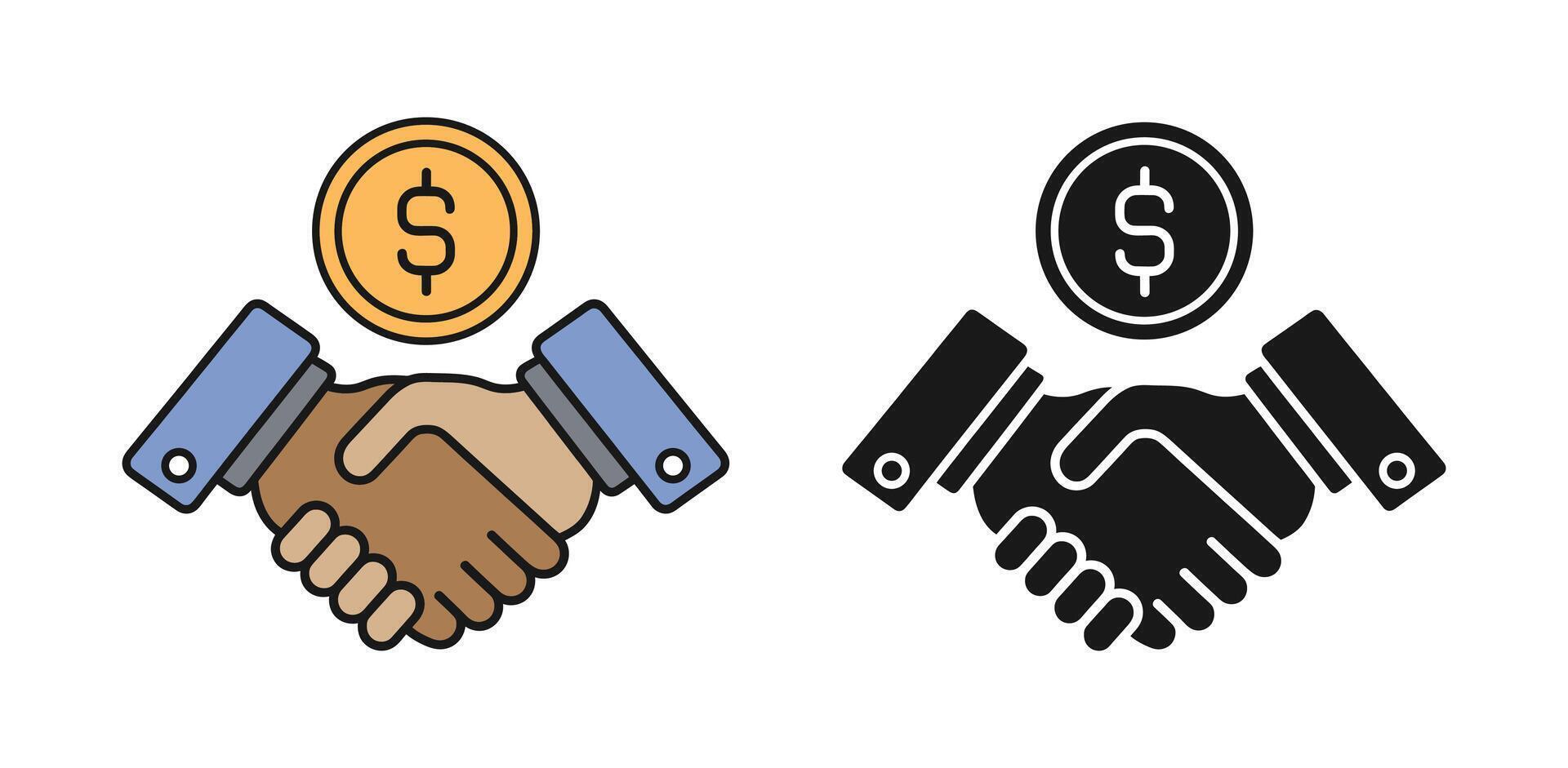 Financial deal handshake agreement icons color and monochrome versions vector