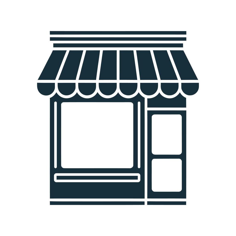 A dark-blue storefront icon with a striped awning large window and a smaller side door. It's a simple clean design suitable for various applications. vector