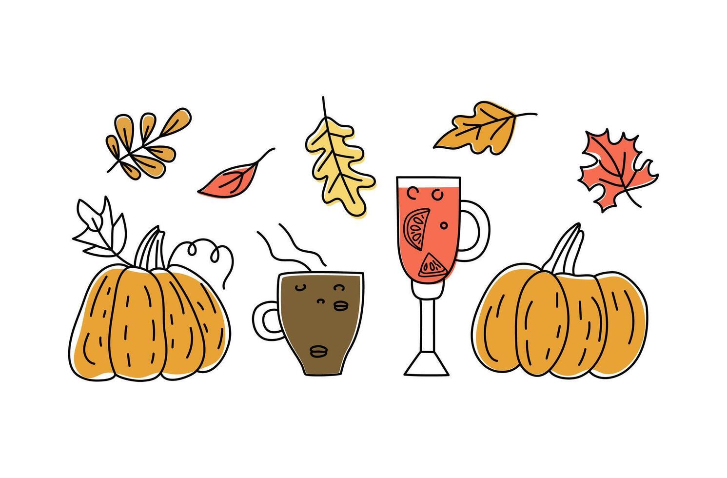 Autumn set, elements of the collection pumpkin, hot drinks, autumn leaves. Coffee, mulled wine. Cold season, leaf fall, illustration, drawing, doodle. vector