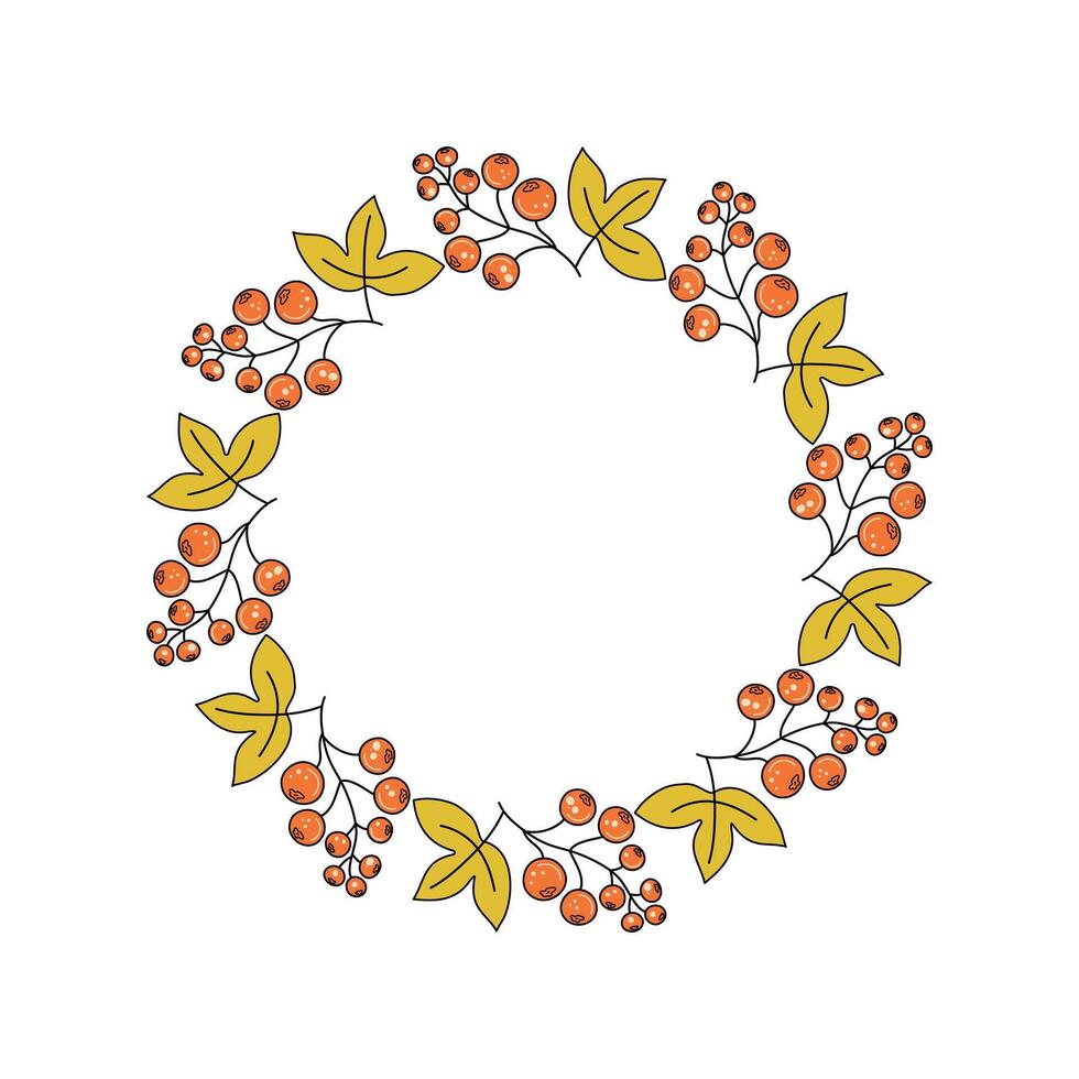 Leaves, berries. Autumn set. Round frame, banner with space for text. Leaf fall, doodles, drawings, sketch. Natural botanical background. vector