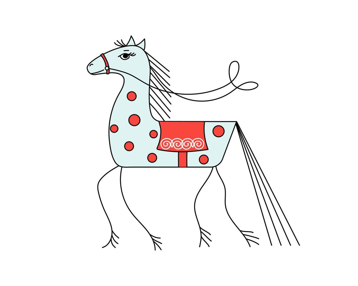 Toy horse, linear icon. Hand drawn, doodle. Concept of antique toy. Folklore, ethnic style. Isolated background. vector