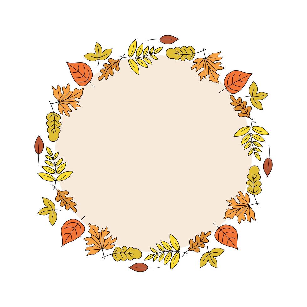 Leaves. Autumn set. Round frame, banner with space for text. Leaf fall, doodles, drawings, sketch. Natural botanical background. vector