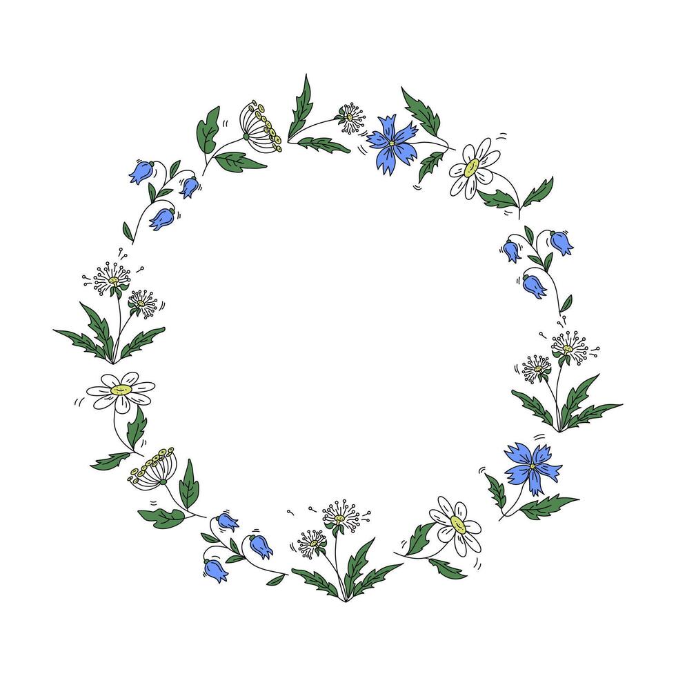Hand drawn flowers. Round frame, border. Cartoon multi-coloured meadow plants. Place for text. Hand drawing, doodle illustration. Colour icons Dandelion, chamomile, bluebell. vector