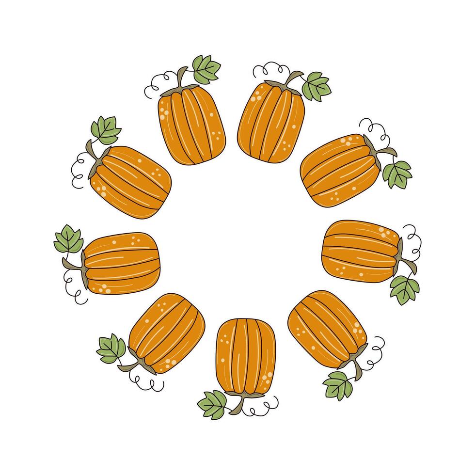 Frame with cartoon pumpkin. Contour drawing, doodle, vegetable. Harvest, natural vegetarian food. Autumn banner, poster with space for text. Halloween. illustration. White isolated background. vector