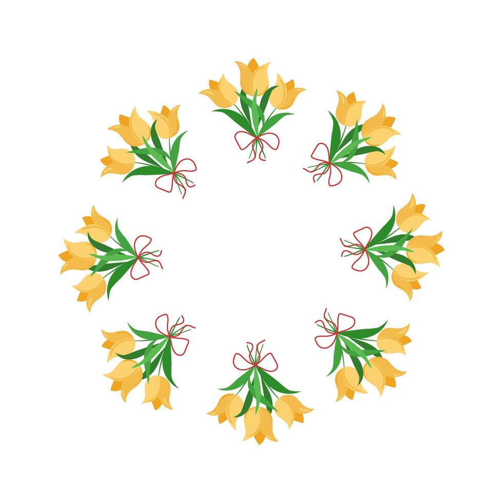 Flowers, yellow tulips with a bow. Hand drawn flowers. Round frame, border. Place for text. Drawing, isolated on white background. vector