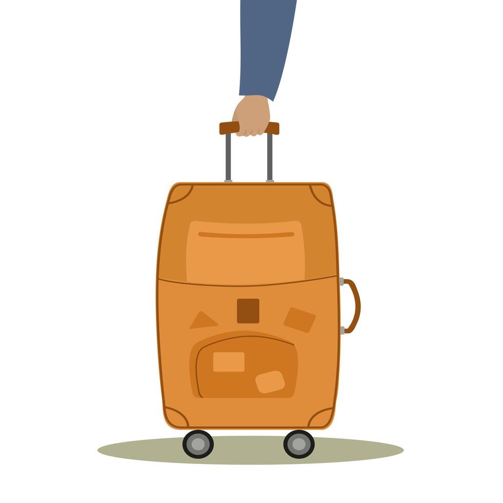 Vacation, holiday travel concept. Human hand holds suitcase by handle. Suitcase with wheels and retractable handle. Traveler's luggage. Flat . vector
