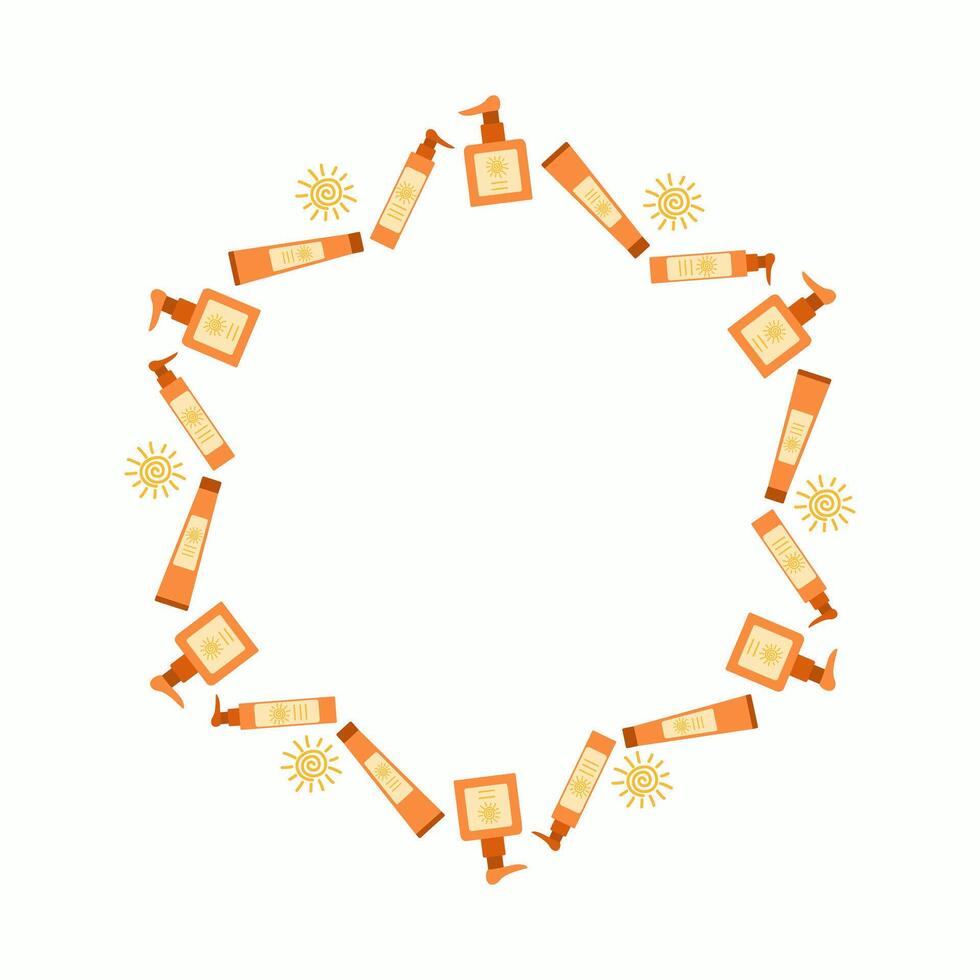 Set of sunscreens. Frame, banner, background with space for text. Skin care and protection. Tubes of cream. Use sunscreen cosmetics. Moisturizes and protects the skin. Summer, vacation, travel. vector