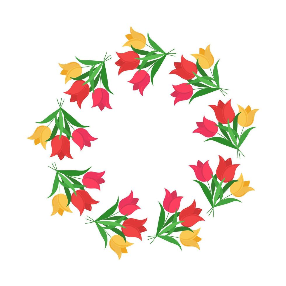 Banner, festive floristic round frame. Flowers, multicolored tulips. Natural plant border. Postcard. Drawing, graphics, isolated on white background. vector