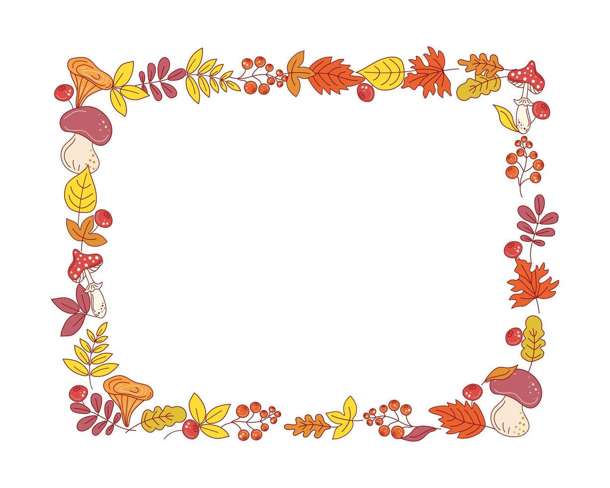 Rectangular background. Autumn set of leaves, mushrooms, berries. Frame, banner. Flytree, branches, doodle, drawings. Natural botanical background. Plant frame, border, postcard. vector