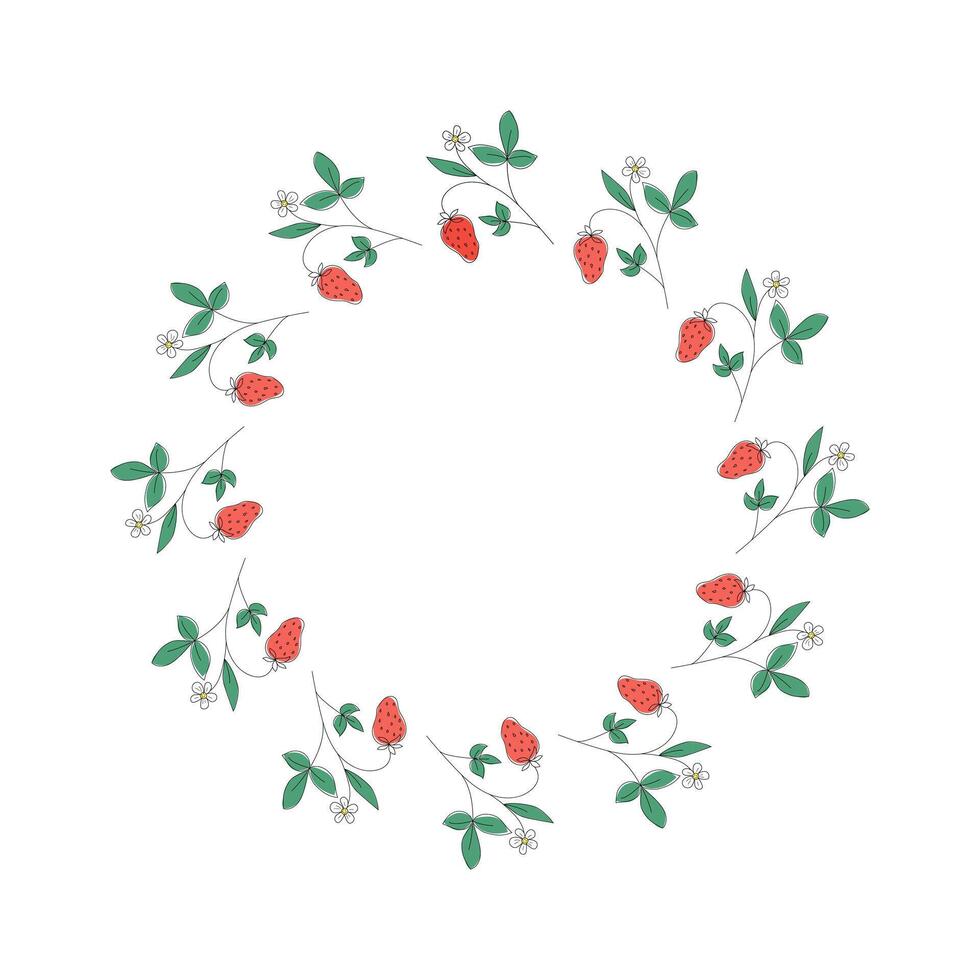 Strawberry plant, berries drawing. Round frame, background with space for text. Strawberry with leaves, flowers, doodle hand drawn illustration, summer botanical natural template. Line icons. vector