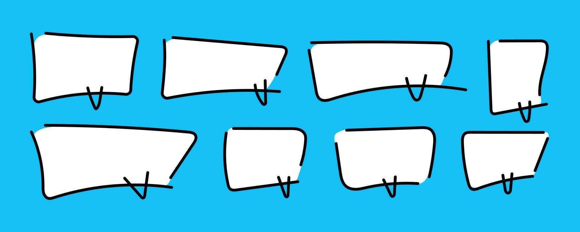 Various cartoon-style speech bubbles with drawn hands on a bright blue background, designed for creative communication and storytelling in illustrations. vector