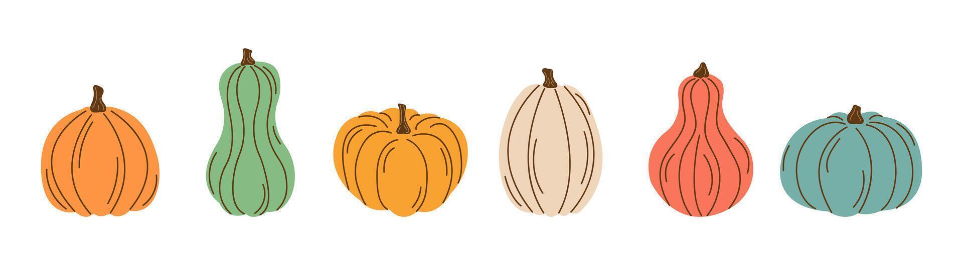 Pumpkin Flat Set Various Shapes and Colors. Collection Different Doodle Gourds Clipart. Thanksgiving and Halloween Elements. Autumn Harvest, Fall, Seasonal Graphic Illustration Hand Drawn Icons vector