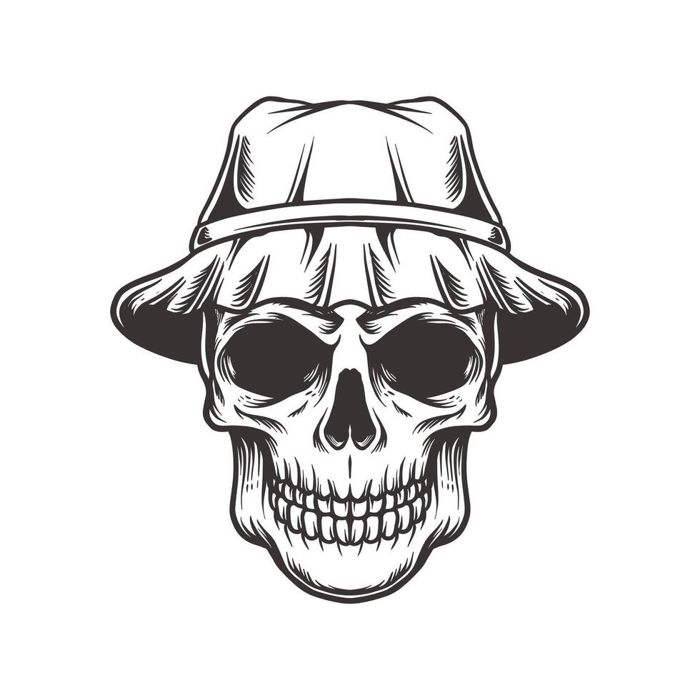 Handdrawn Skull Head with Bucket Hat vector