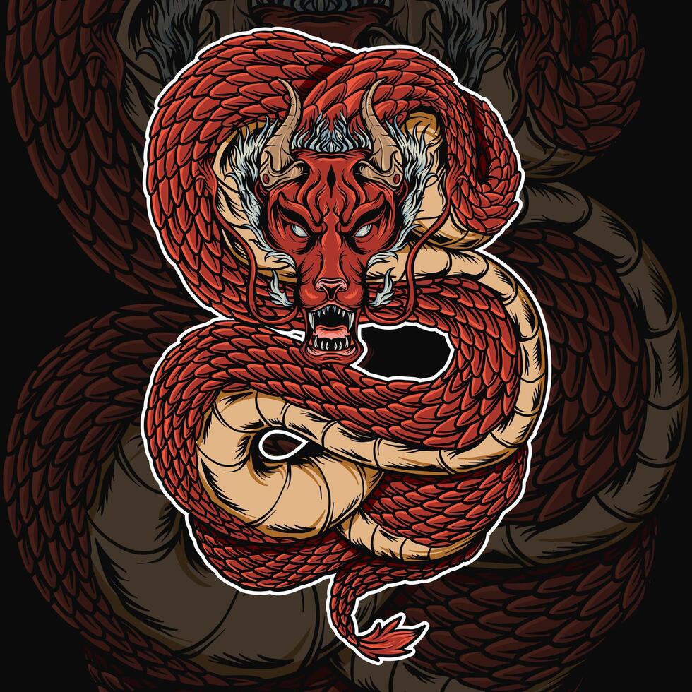 Black Mythical Dragon Demon Serpent with Oni Mask Illustration vector