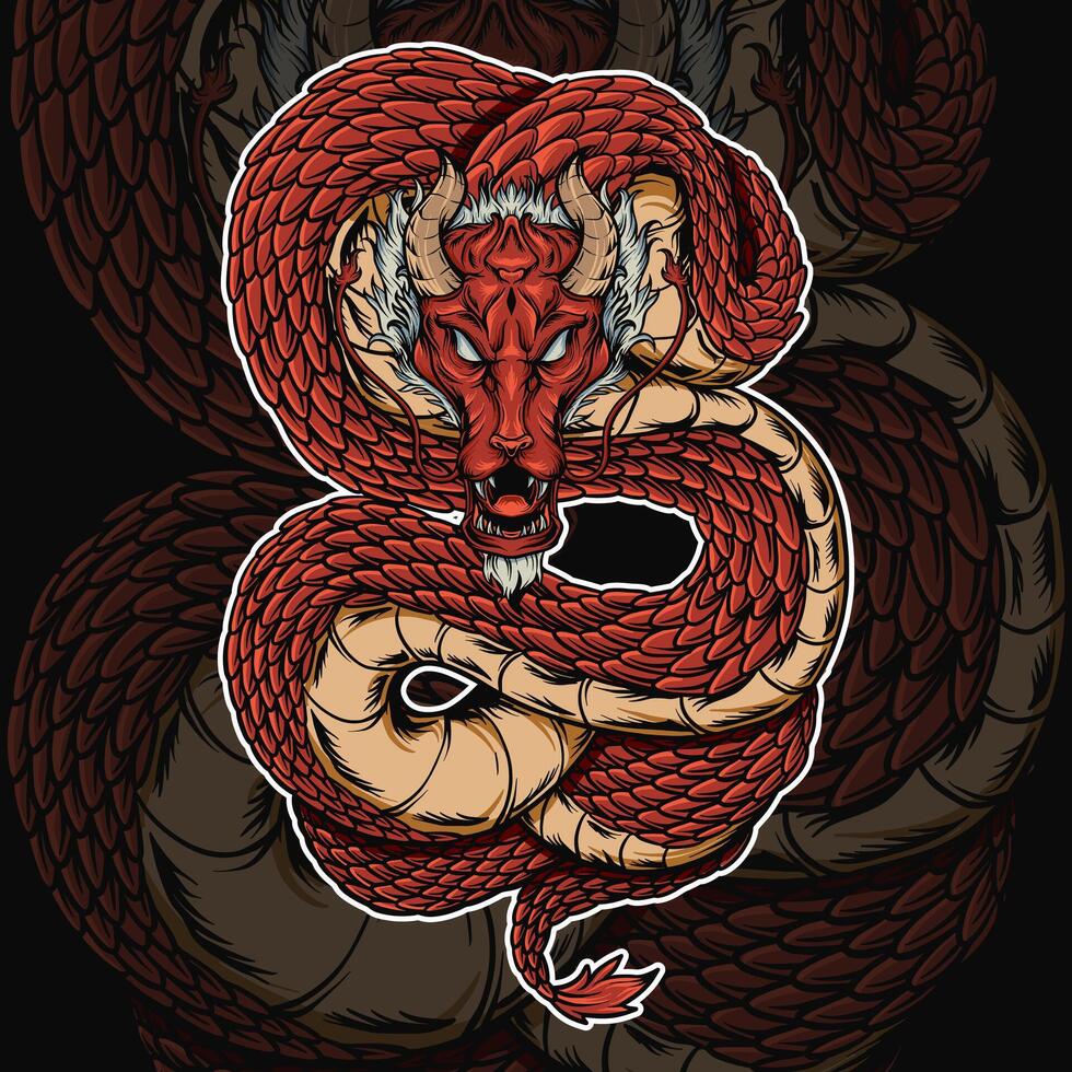 Mythical Dragon Demon Serpent with Oni Mask Illustration vector