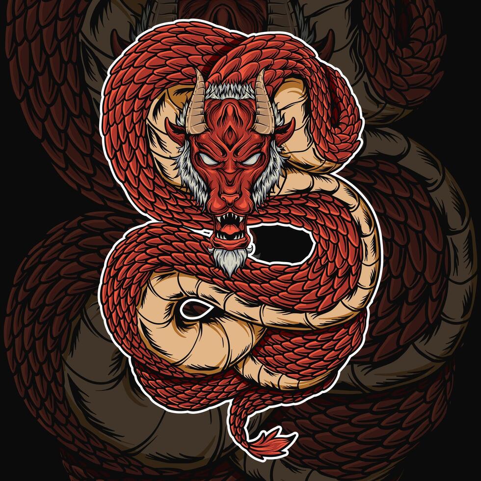 Red Mythical Dragon Demon Serpent with Oni Mask Illustration vector